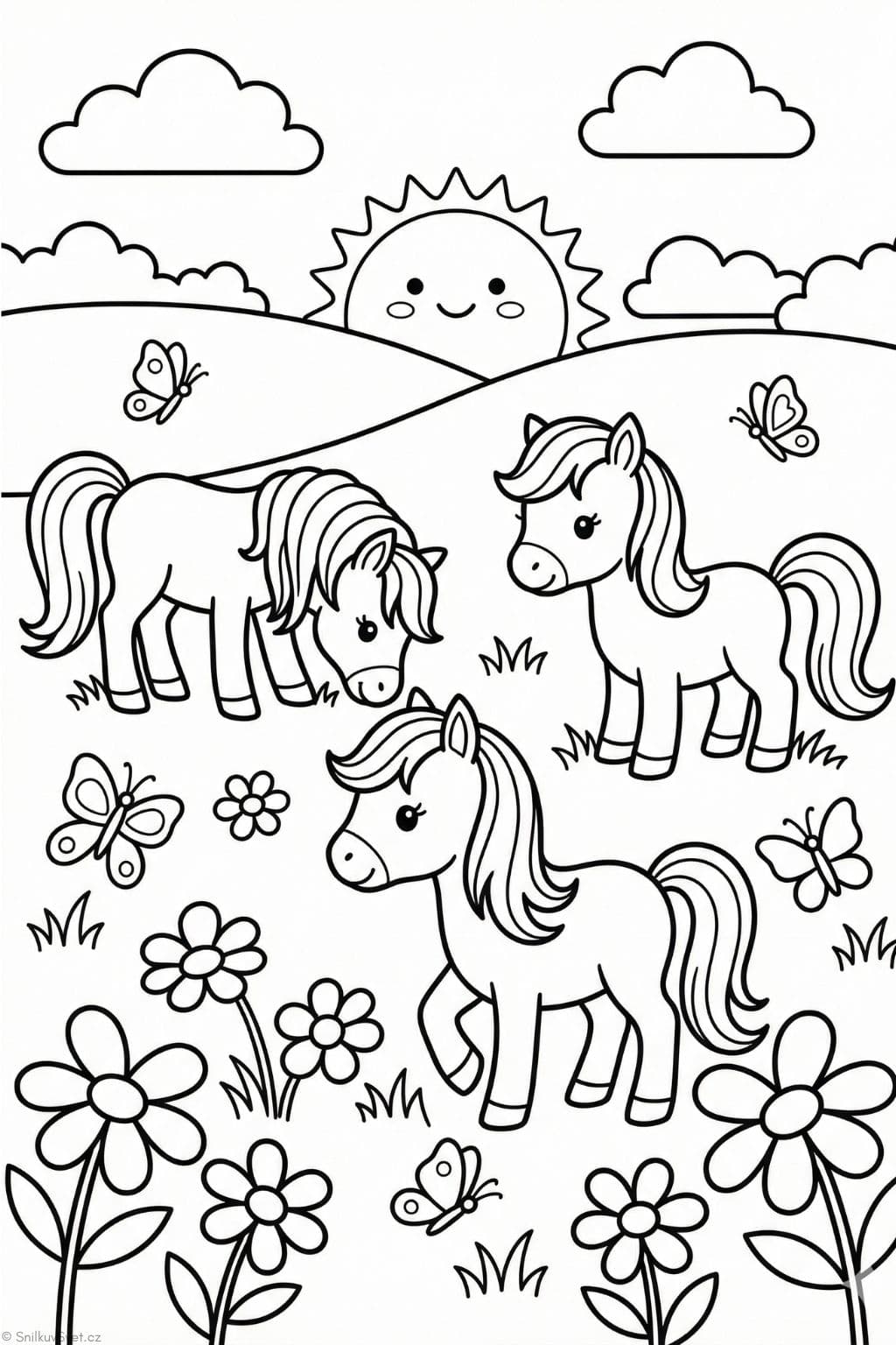 Omalovánka poníků na louce