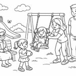 Rodina na dětském hřišti – maminka houpe malou holčičku na houpačce, tatínek přihlíží, babička sedí na lavičce a druhá holčička si hraje