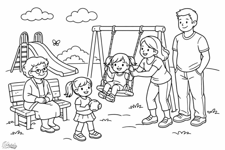 Omalovánka Rodina na hřišti
