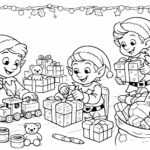 Vánoční omalovánka se skřítky vyrábějícími, malujícími a balícími hračky v dílně