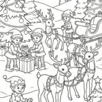 Obrázek na vybarvení s motivem vánočních příprav– pracující skřítkové a sobi čekající na Santu.