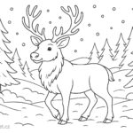 Omalovánka k vytištění a vybarvení. Jednoduchý line art, bez stínovaní. Obrázek soba v zimní krajině.