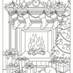 Omalovánka vánoční pohody u krbu. Stromeček, dárky a kočka na koberci jako omalovánka k vytištění a vybarvení.