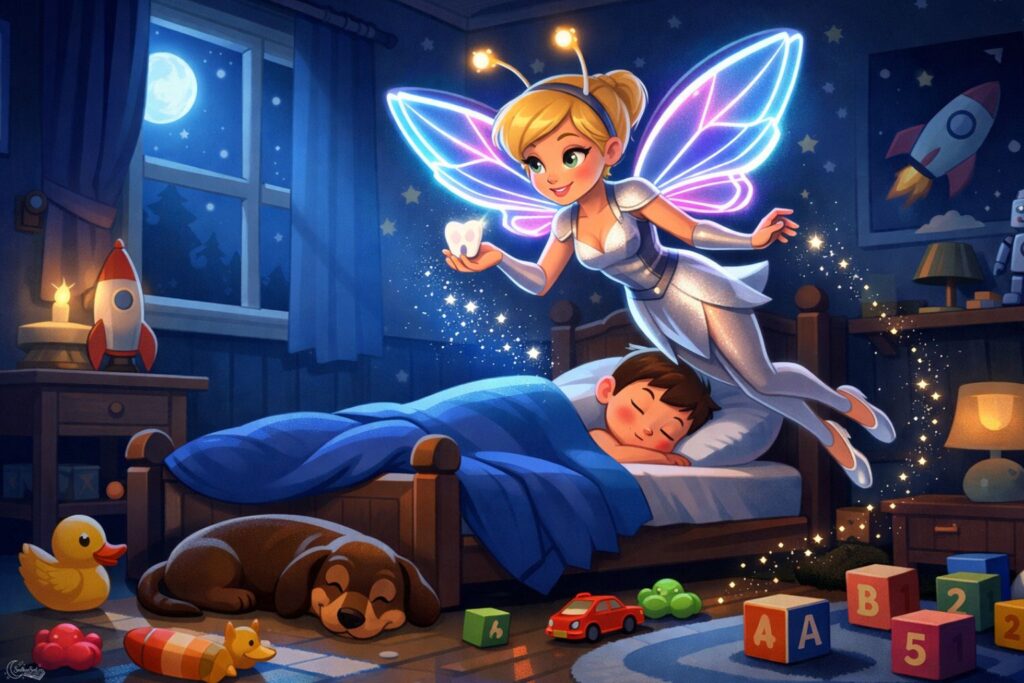 Zoubková víla Bleskurychlá se vznáší nad hračkami v dětském pokoji, kde spí chlapec a pes