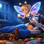 Zoubková víla Bleskurychlá se vznáší nad hračkami v dětském pokoji, kde spí chlapec a pes