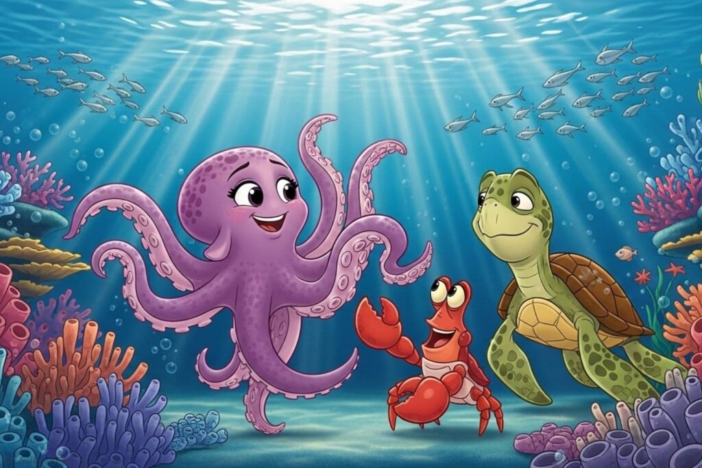 Veselá podvodní scéna s roztomilou fialovou chobotnicí Rozarkou, která radostně tančí. Jejích osm chapadel se plynulými pohyby vlní. Vedle ní tleská červený krab a moudrá zelená mořská želva se usmívá. Sluneční paprsky pronikají tmavě modrou vodou a osvětlují barevné korály a malé stříbrné rybky plavající v pozadí.