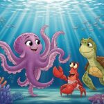 Veselá podvodní scéna s roztomilou fialovou chobotnicí Rozarkou, která radostně tančí. Jejích osm chapadel se plynulými pohyby vlní. Vedle ní tleská červený krab a moudrá zelená mořská želva se usmívá. Sluneční paprsky pronikají tmavě modrou vodou a osvětlují barevné korály a malé stříbrné rybky plavající v pozadí.