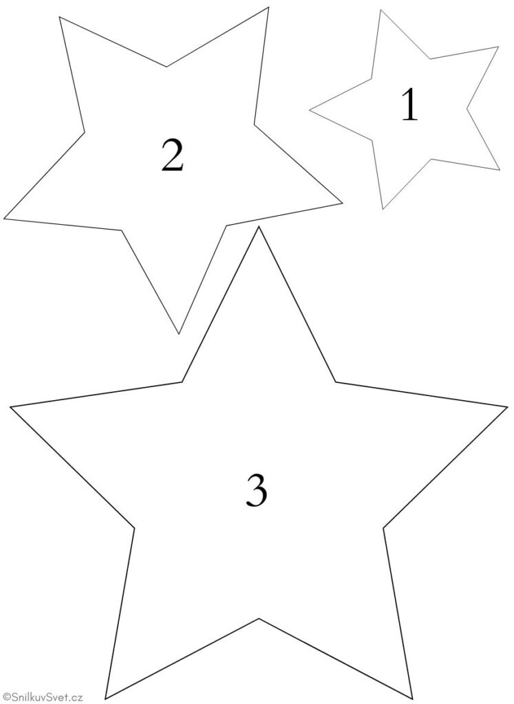 Černobílá obrysová šablona tří pěticípých hvězd různých velikostí k vystřižení, označená čísly 1, 2 a 3.