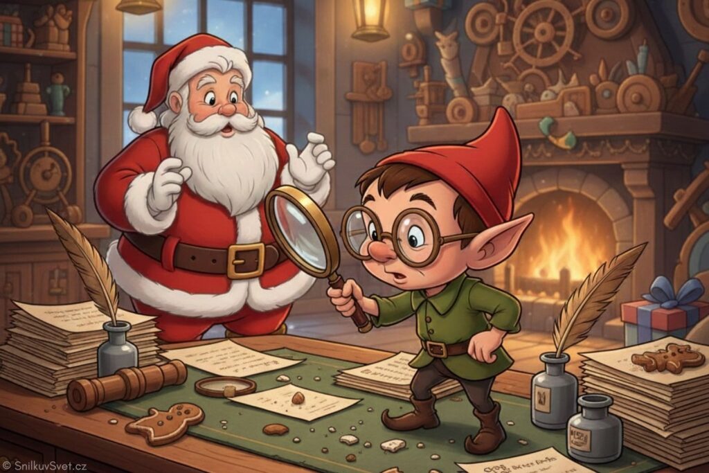 Malý elf Kiks s velkými kulatými brýlemi stojí na masivním dřevěném stole Santa Clause. Drží lupu a pečlivě zkoumá drobky. V pozadí stojí ustaraný Santa v kouzelné, teple osvětlené dílně plné hraček a dřevěných ozubených kol.