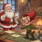 Malý elf Kiks s velkými kulatými brýlemi stojí na masivním dřevěném stole Santa Clause. Drží lupu a pečlivě zkoumá drobky. V pozadí stojí ustaraný Santa v kouzelné, teple osvětlené dílně plné hraček a dřevěných ozubených kol.