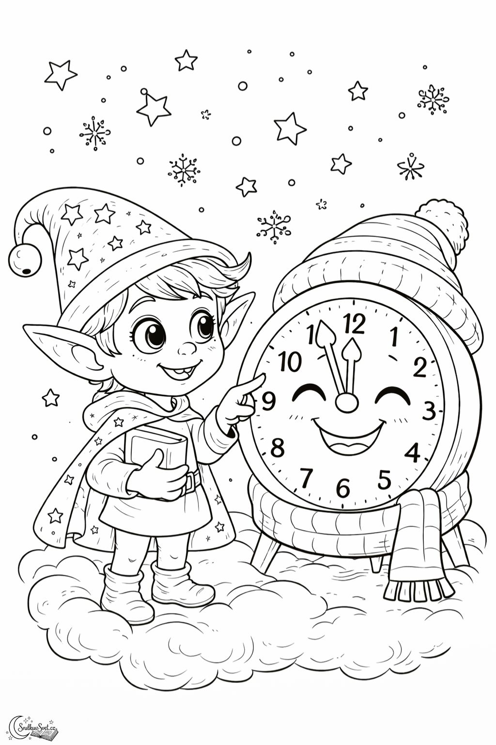 Omalovánka Novoroční hodiny se Snílkem