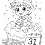 Snílek sedí na obláčku nad zasněženým městečkem, kalendář ukazuje 31. prosince – novoroční omalovánka pro děti