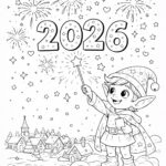 Snílek vítá Nový rok 2026 s ohňostrojem na obloze – novoroční omalovánka pro děti