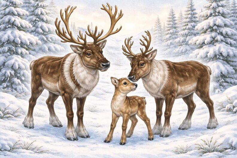 Sobí samec, samice a mládě stojí spolu v zasněženém lese