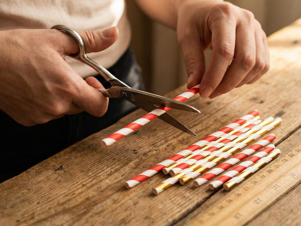 Detailní záběr na ruce stříhající nůžkami červenobílá papírová brčka na různé délky na dřevěném stole. Vedle leží dřevěné pravítko.