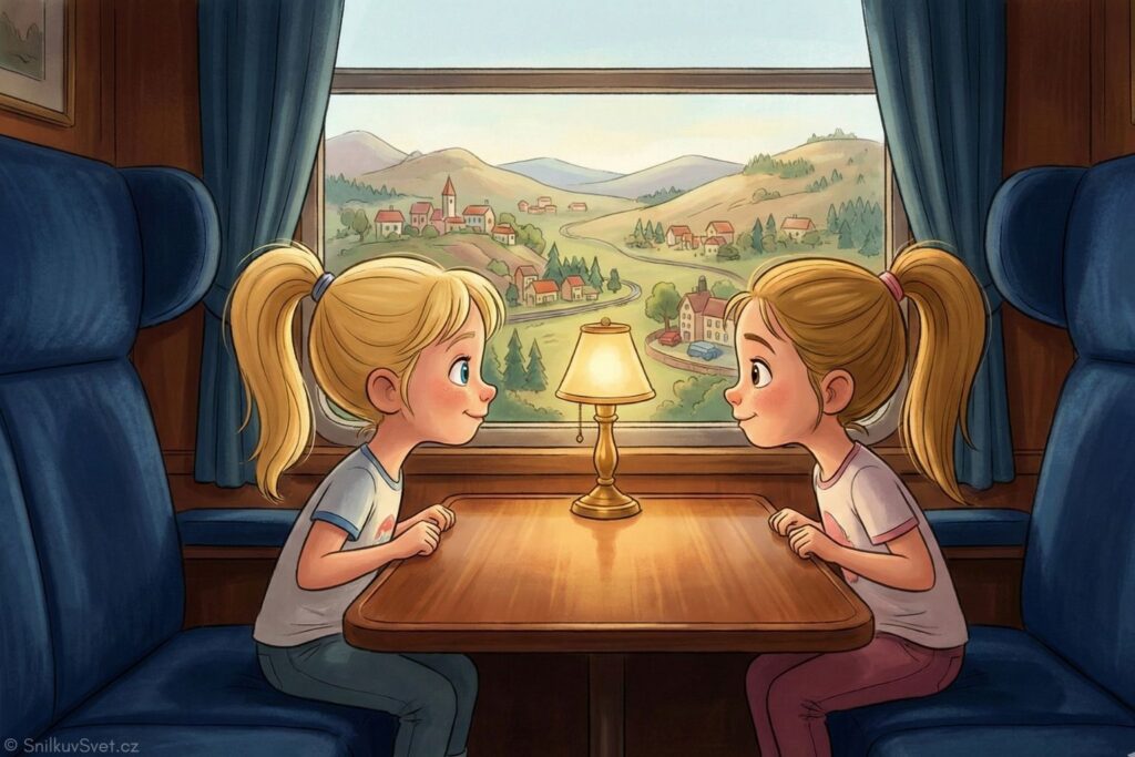 Dvě holčičky se světlými vlasy sedí naproti sobě v luxusním kupéčku vlaku. Za okny vlaku je vidět ubíhající krajina.