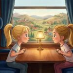 Dvě holčičky se světlými vlasy sedí naproti sobě v luxusním kupéčku vlaku. Za okny vlaku je vidět ubíhající krajina.