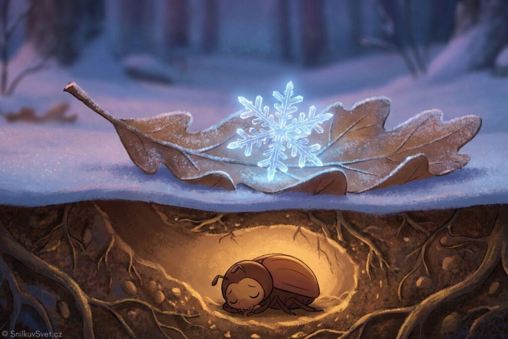 Ilustrace v moderním Disney stylu: detailní zářící sněhová vločka na hnědém dubovém listu v zasněženém lese. Pod zemí v průřezu spí v útulné komůrce malý, roztomilý brouček.