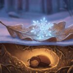 Ilustrace v moderním Disney stylu: detailní zářící sněhová vločka na hnědém dubovém listu v zasněženém lese. Pod zemí v průřezu spí v útulné komůrce malý, roztomilý brouček.