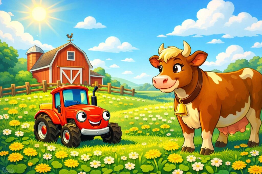 Červený traktor Tonda si povídá s hnědou krávou Lízou na zelené pastvině.