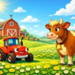 Červený traktor Tonda si povídá s hnědou krávou Lízou na zelené pastvině.