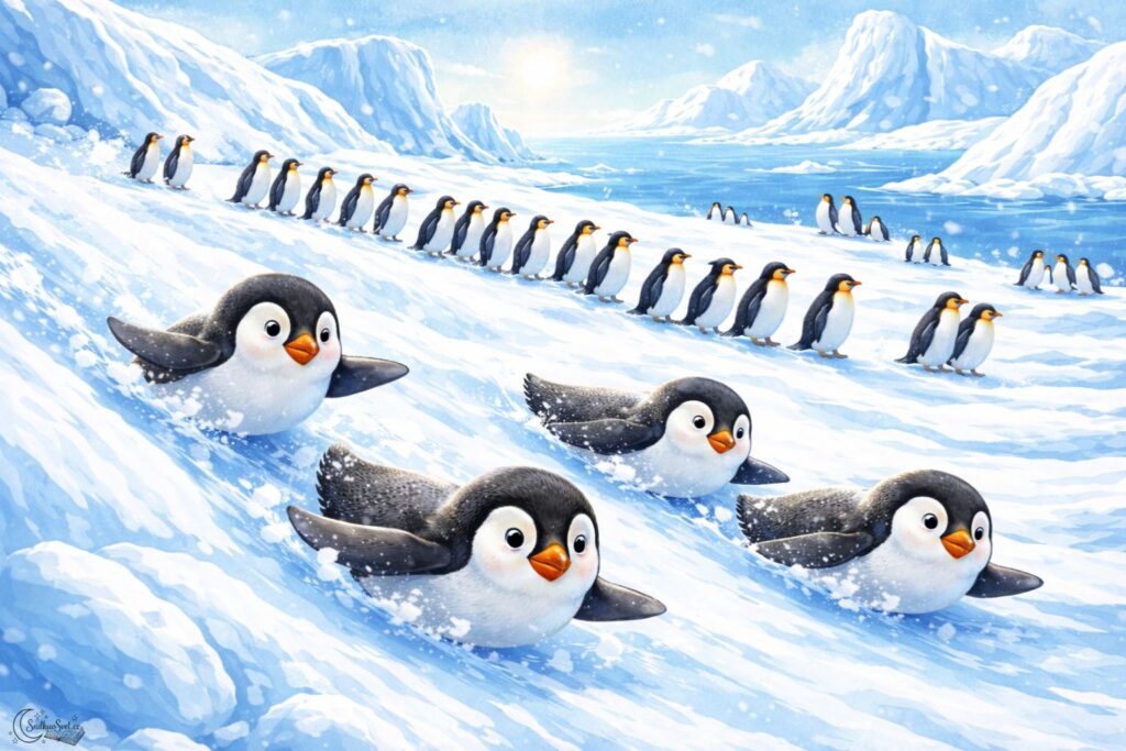 Tučňáci císařští kloužou po ledě na bříšku na zasněžené antarktické pláni