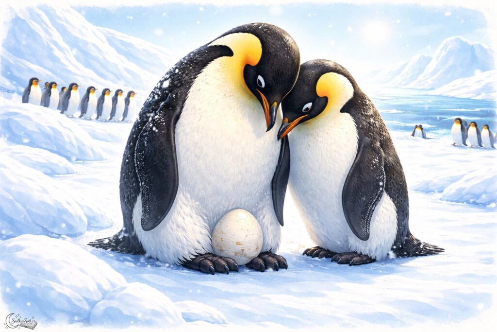 Tučňák císařský chrání vajíčko na nohou, zatímco druhý rodič stojí vedle něj