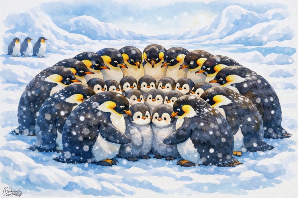 Tučňáci císařští stojí v kruhu a chrání mláďata před mrazem a větrem