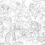 Vánoční omalovánka s elfíkem, vílou, zvířátky a ozdobeným stromečkem ze Snílkova světa.