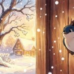 Vlaštovka Věrka vykukuje škvírou ve stodole na poletující vločky a zimní krajinu.