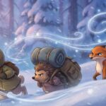 Tři zvířecí hrdinové – zajíc v kapuci, ježek s velkým batohem a liška s ocasem u čumáku se brodí v husté vánici.