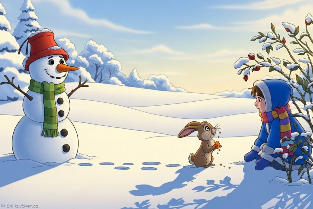 Ilustrace k pohádce Ztracený mrkvový nos, na které se malý zajíček přátelí s holčičkou a sněhulák je přitom sleduje.