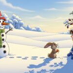 Ilustrace k pohádce Ztracený mrkvový nos, na které se malý zajíček přátelí s holčičkou a sněhulák je přitom sleduje.