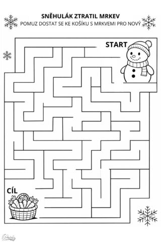Pomozte sněhulákovi najít nový nos: bludiště k vytištění