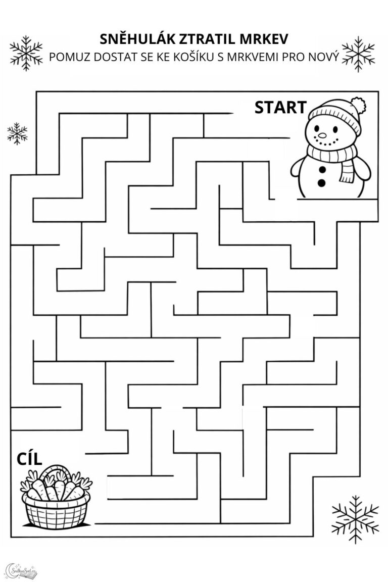 Pomozte sněhulákovi najít nový nos: bludiště k vytištění
