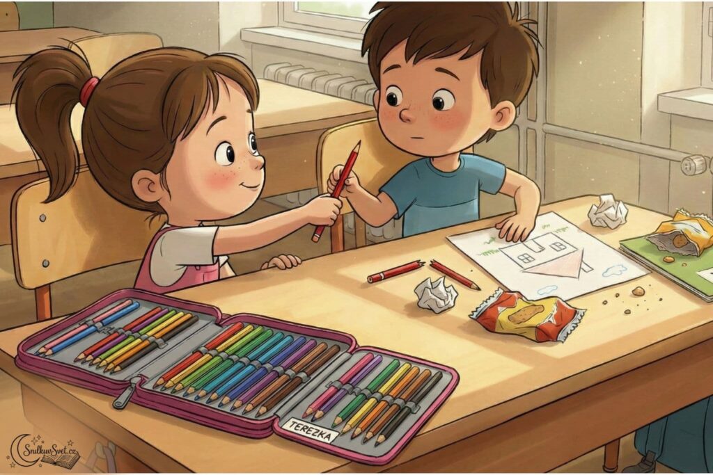 Detailní záběr ve stylu moderní 2D Disney animace na dvě děti v lavici. Holčička s culíkem podává červenou pastelku chlapci. V popředí je otevřený barevný penál, na straně chlapce je zmuchlaný papír a nedokončený obrázek domu. Scénu osvětluje sluneční světlo s viditelným prachem.