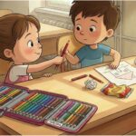 Detailní záběr ve stylu moderní 2D Disney animace na dvě děti v lavici. Holčička s culíkem podává červenou pastelku chlapci. V popředí je otevřený barevný penál, na straně chlapce je zmuchlaný papír a nedokončený obrázek domu. Scénu osvětluje sluneční světlo s viditelným prachem.