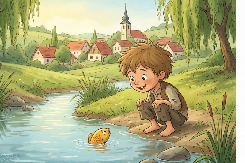 Malý Honzík mluví se zlatou rybkou v potoce u vesnice.