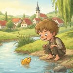 Malý Honzík mluví se zlatou rybkou v potoce u vesnice.