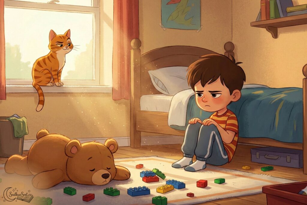 Ilustrace v moderním 2D Disney stylu: smutný šestiletý chlapec v pruhovaném tričku sedí v neuklizeném pokojíčku na zemi, vedle něj leží plyšový medvěd a kostky lega, zatímco rezavý kocour na okně ho pozoruje.