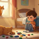Ilustrace v moderním 2D Disney stylu: smutný šestiletý chlapec v pruhovaném tričku sedí v neuklizeném pokojíčku na zemi, vedle něj leží plyšový medvěd a kostky lega, zatímco rezavý kocour na okně ho pozoruje.
