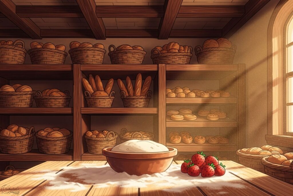 Veselý obrázek z interiéru rustikální pekárny. Uprostřed na stole stojí mísa s těstem a čerstvé jahody. Všude kolem je čerstvě upečené pečivo.