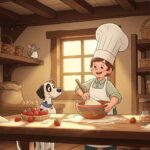 Kuchtík Tomášek v bílé čepici míchá těsto v míse, zatímco pes Brok a myška Hryzalka mu pomáhají.