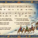 Barevný notový zápis koledy My tři králové s textem všech slok a ilustrací tří králů putujících k Betlému v ozdobném rámu.