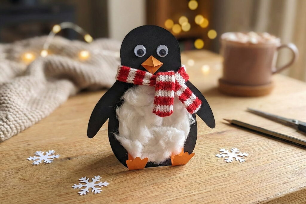 Hotový huňatý tučňák z papíru a vaty stojící na dřevěném stole vedle šálku kávy.