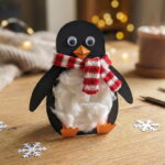 Hotový huňatý tučňák z papíru a vaty stojící na dřevěném stole vedle šálku kávy.