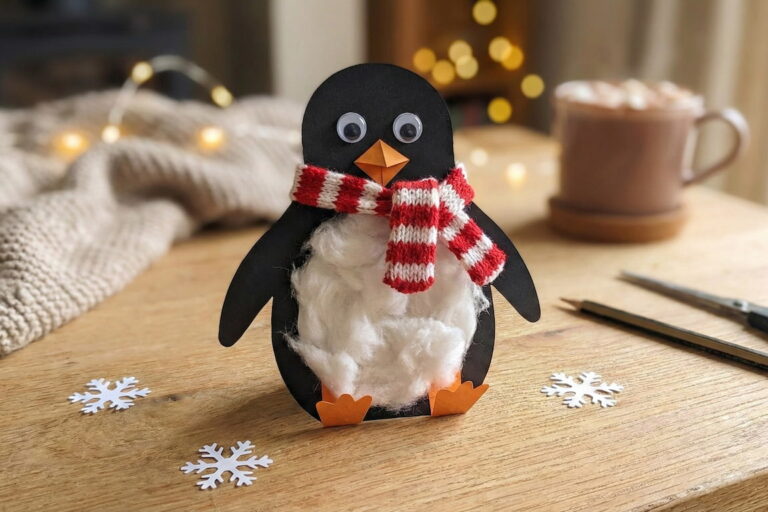 Huňatý tučňák z vaty a papíru