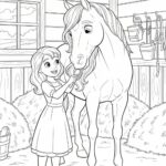 Černobílá omalovánka na téma Dívka češe hřívu koně ve stáji plné slámy.