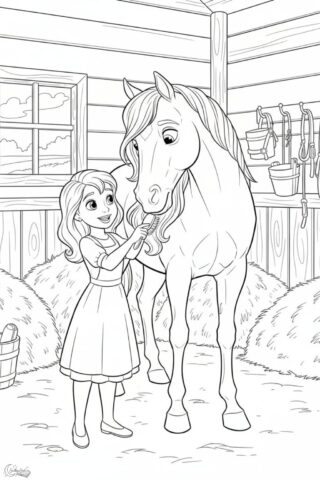 Omalovánka – Dívka s koněm ve stáji