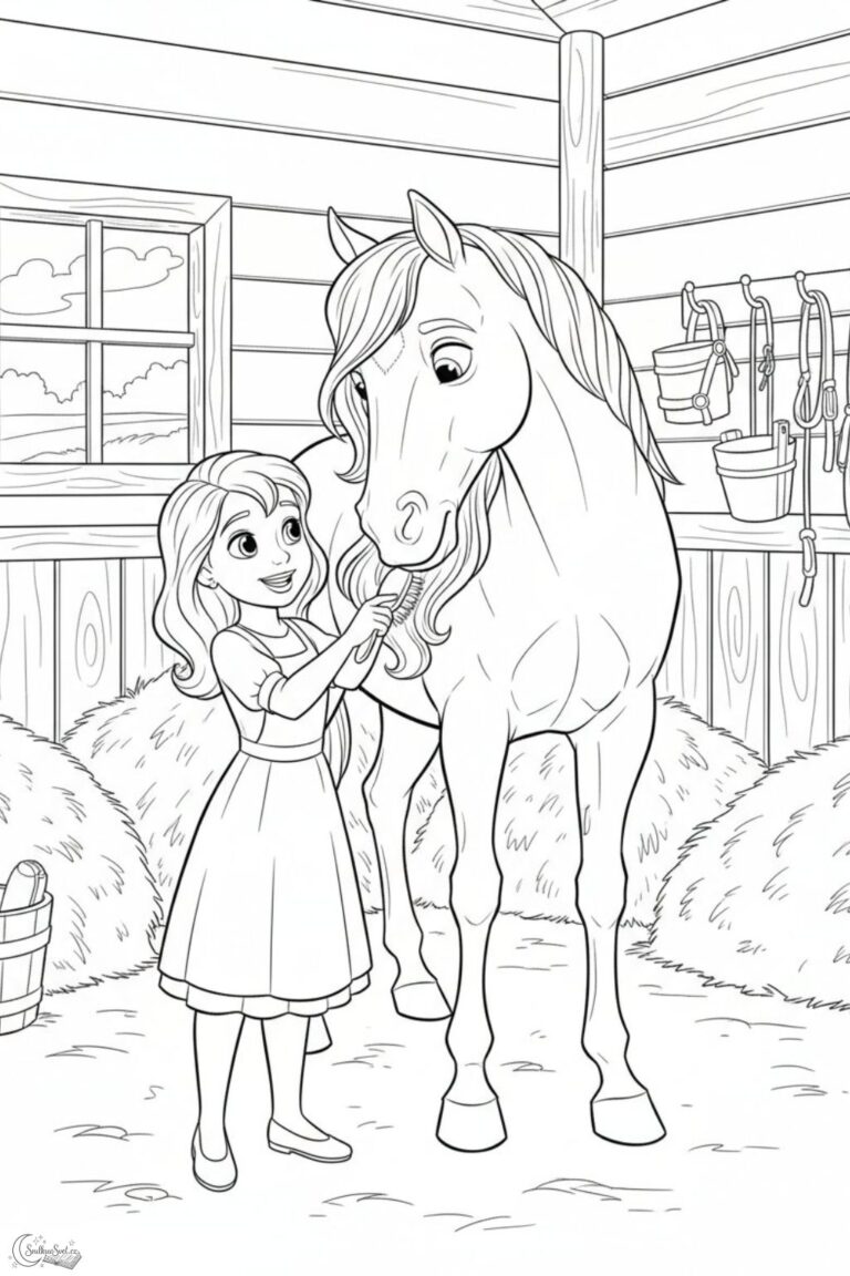 Omalovánka – Dívka s koněm ve stáji